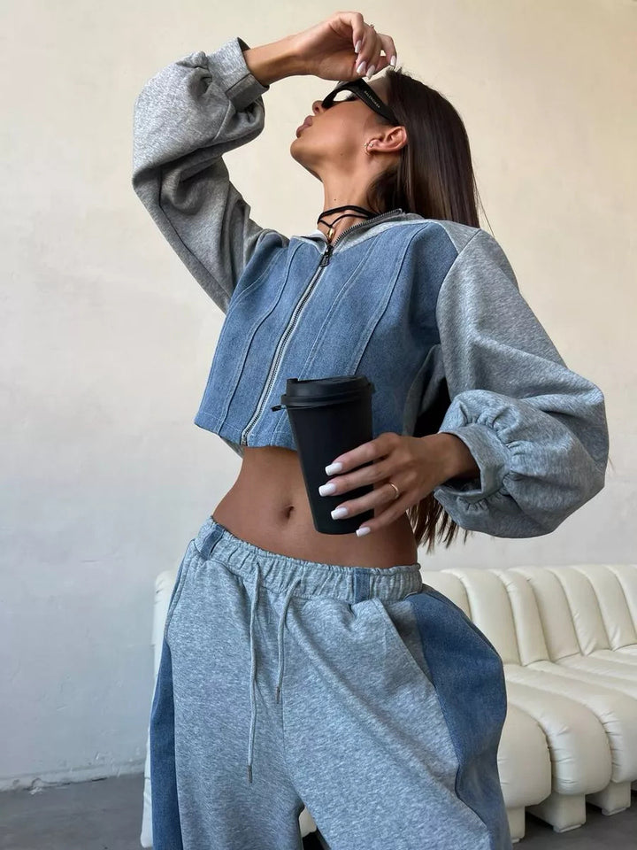 Dame moderigtig cropped Sweatjakke og bred Bukser Sæt Stilla