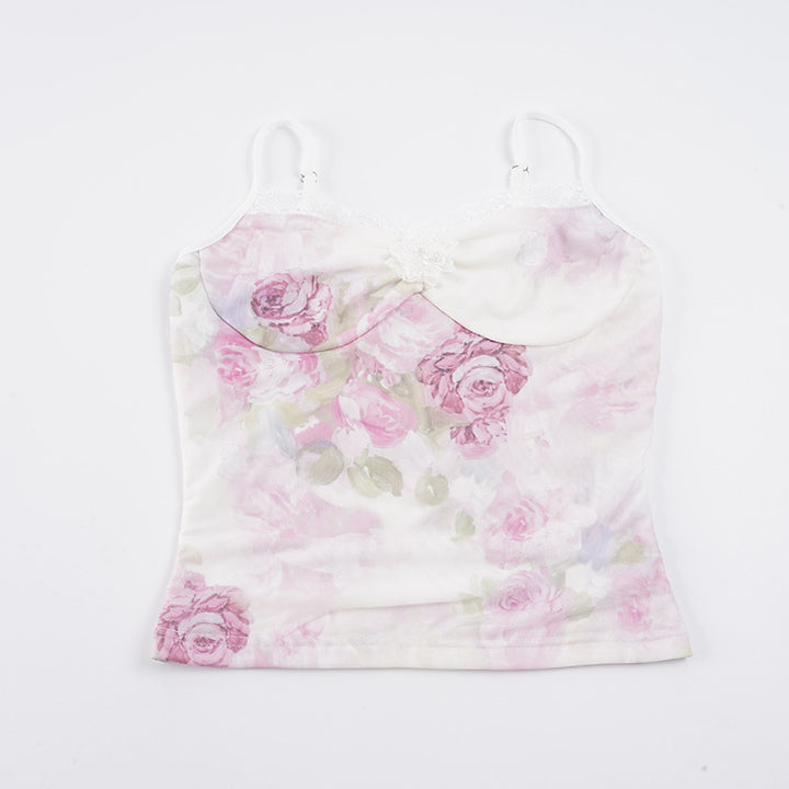 Dame Charmerende Spaghetti-strop top med blomstermotiv og lace accenter Skovae