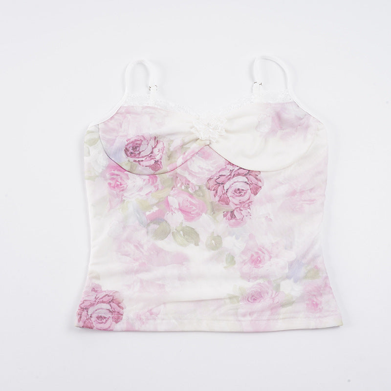 Damer spids-båndtop med blomstertryk og sarte detaljer Skovae