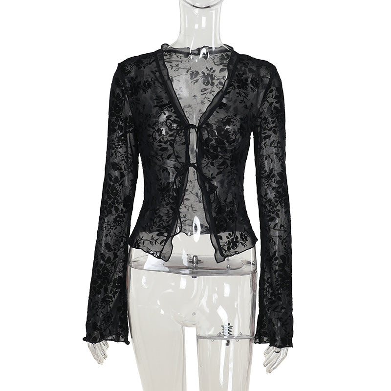 Dame Gennemsigtig Blonde top med blomstret design Skovae