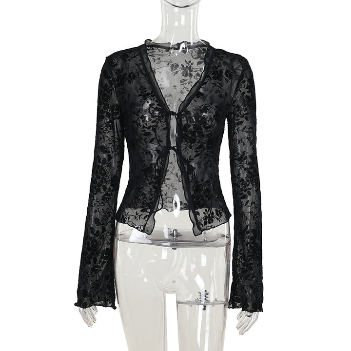 Dame Gennemsigtig Blonde top med blomstret design Skovae