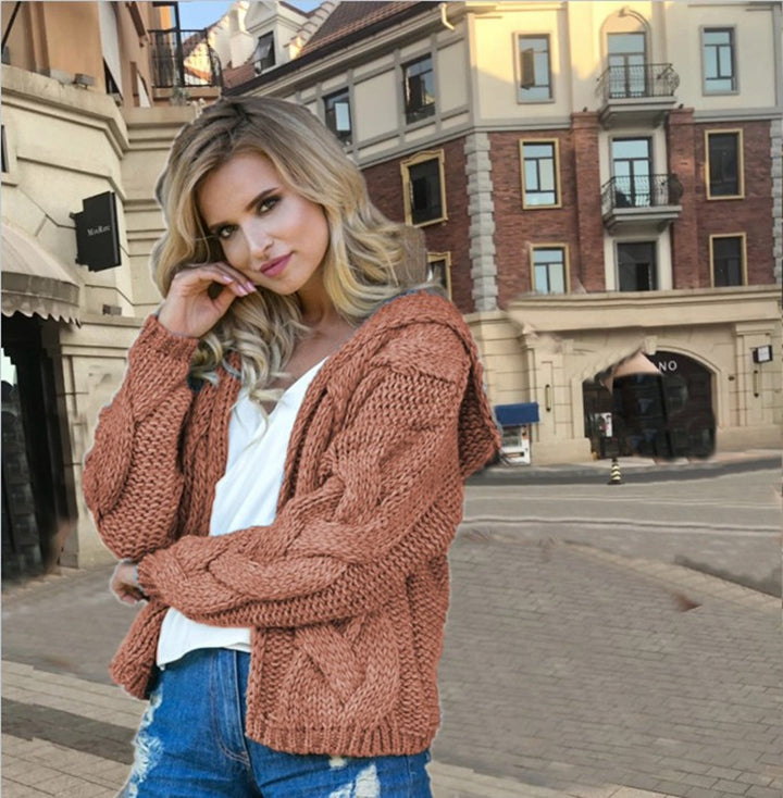 Kvinders chunky strik cardigan med hætte og asymmetrisk design Stilla