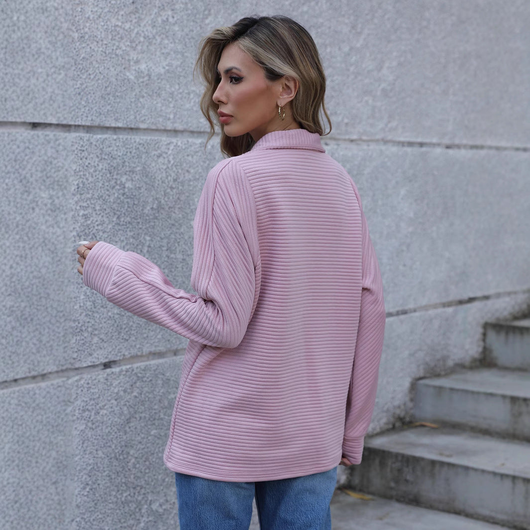 Dame afslappet pullover med halv lynlås og ribstruktur Stilla