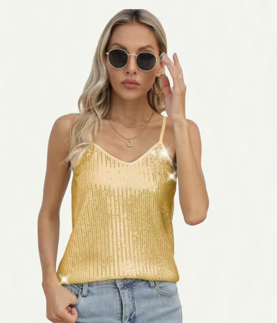 Dame glitrende spaghetti-stropbluse med glitrende tekstur og moderne snit Stilla