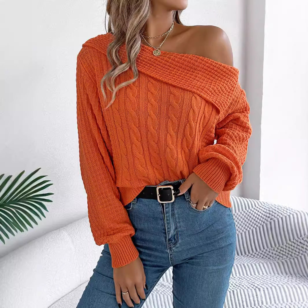 Dame Asymmetrisk Strikpullover med Fletmønster og bredtskårne Ærmer Stilla
