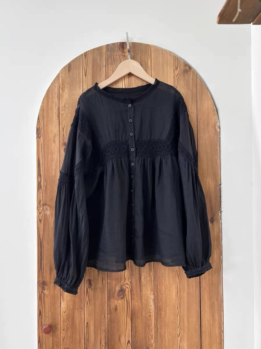 Femme Bohemian Knap-Bluse med rynkede ærmer Stilla