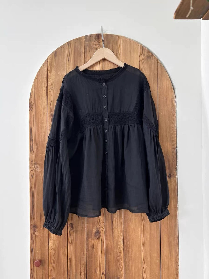 Femme Bohemian Knap-Bluse med rynkede ærmer Stilla