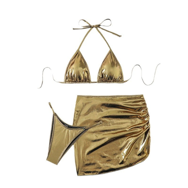 Dames Metallic Trekants Bikini Sæt med Rynket Nederdel Stilla