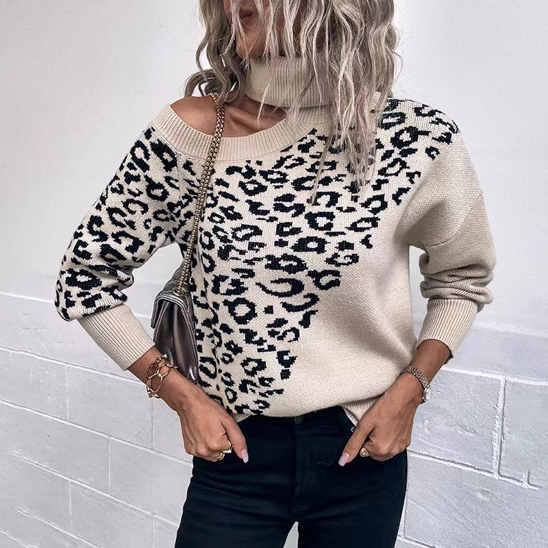 Damepullover med moderne leopardmønster og off-shoulder design Stilla