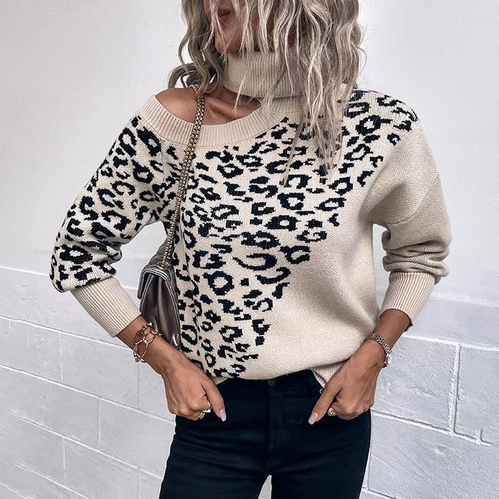 Damepullover med moderne leopardmønster og off-shoulder design Stilla
