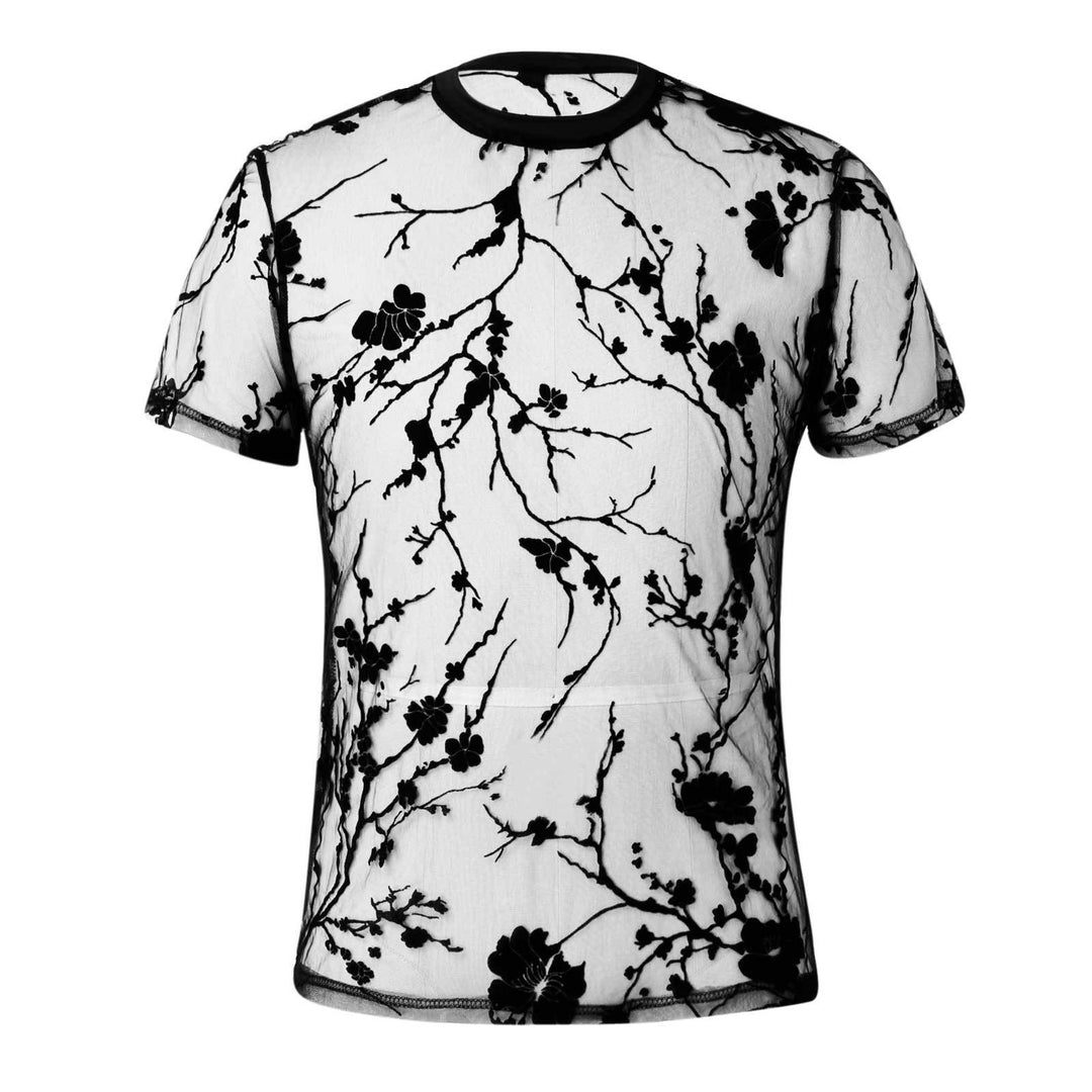 Dame gennemsigtigt T-shirt med blomstermotiv og elastisk krave Stilla