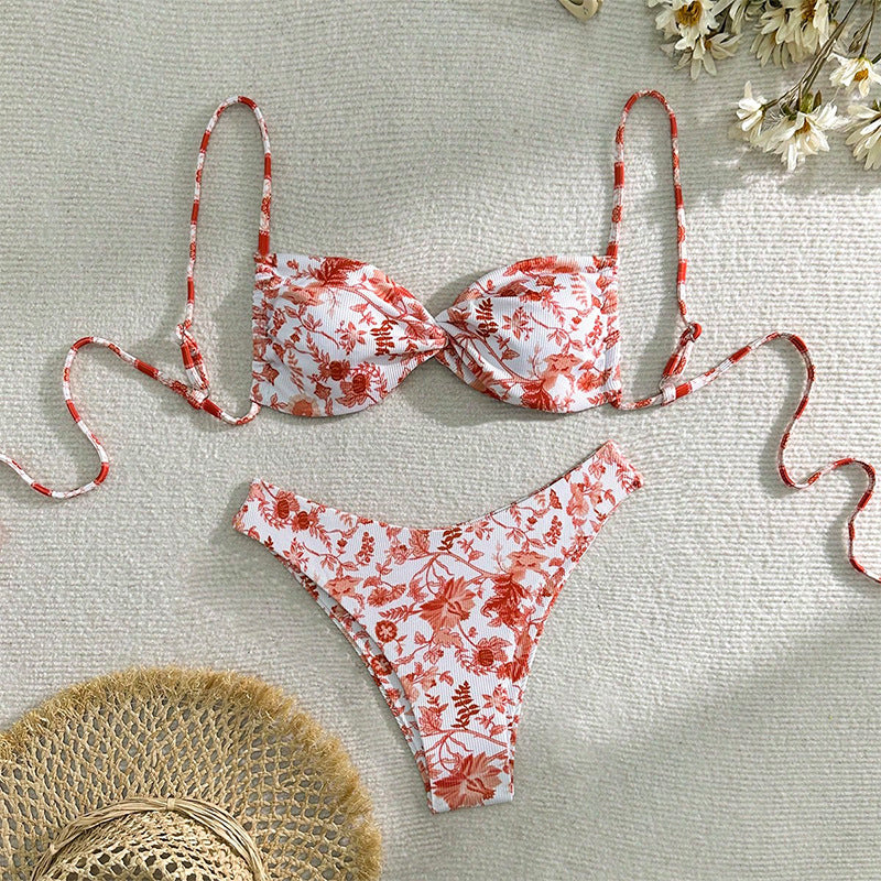 Dame triangel-bikini-sæt med blomstermønster og justerbart bæresystem Skovae
