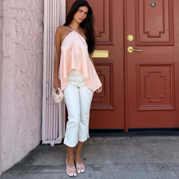 Dame Halterneck-Top i flydende chiffon med asymmetrisk kant Skovae