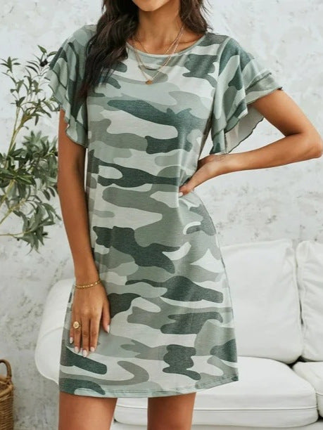 Dame Camouflage Fritidskjole med frynset ærmer Stilla