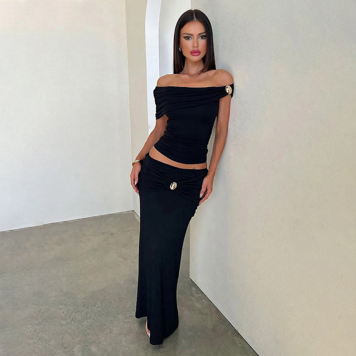 Dame Elegant Offshoulder Maxikjole med raffinerede rynkeeffekter Skovae