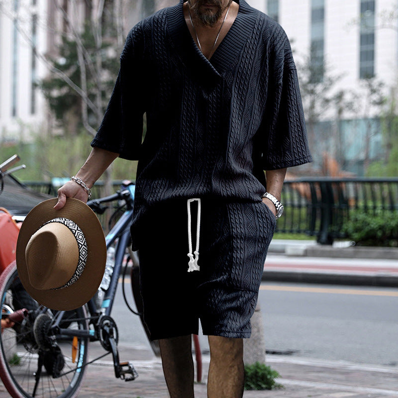 Herren casual struktur strik sæt med dyb V-udskæring boxy kortærmet sweater og snore shorts Skovae