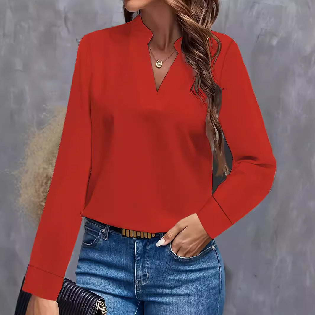 Dame elegant bluse med moderne ståkrave og fint satin-finish Stilla