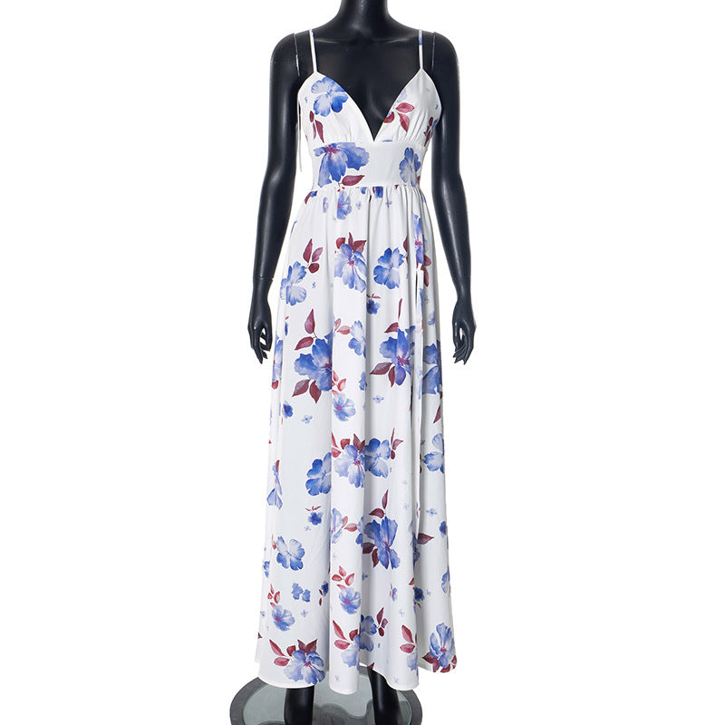 Dame maxikjole med blomsterdesign og dyb V-hals Stilla