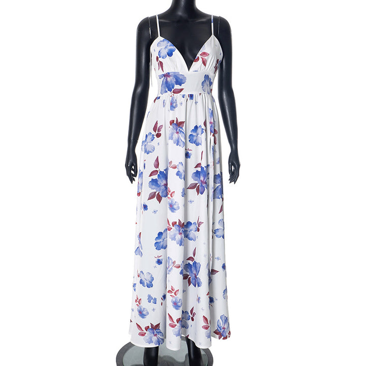 Dame maxikjole med blomsterdesign og dyb V-hals Stilla
