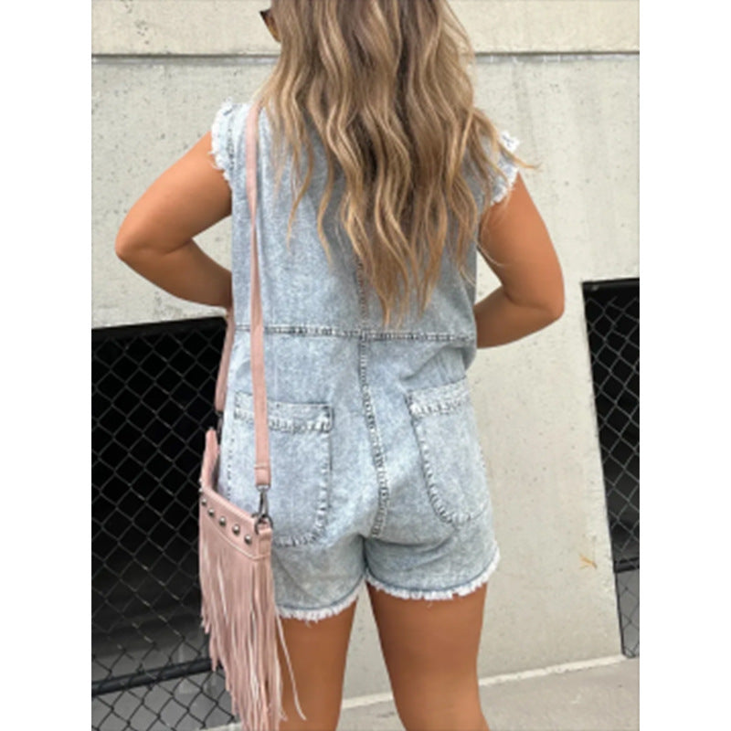 Dame trendy Jeans-overall med lommer og kortærmet Stilla