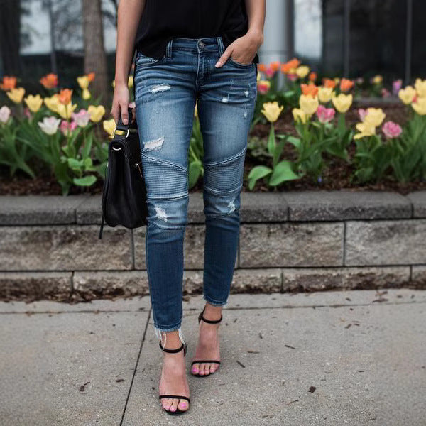 Dame Skinny Jeans med moderne ribdetaljer og afslappede ødelæggelses-effekter Stilla