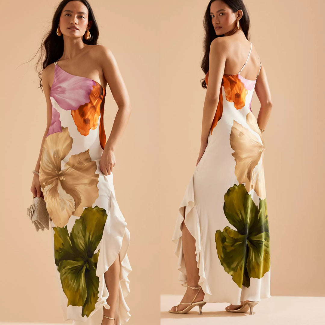 Dame Maxikjole med asymmetrisk snit og floral design Stiila