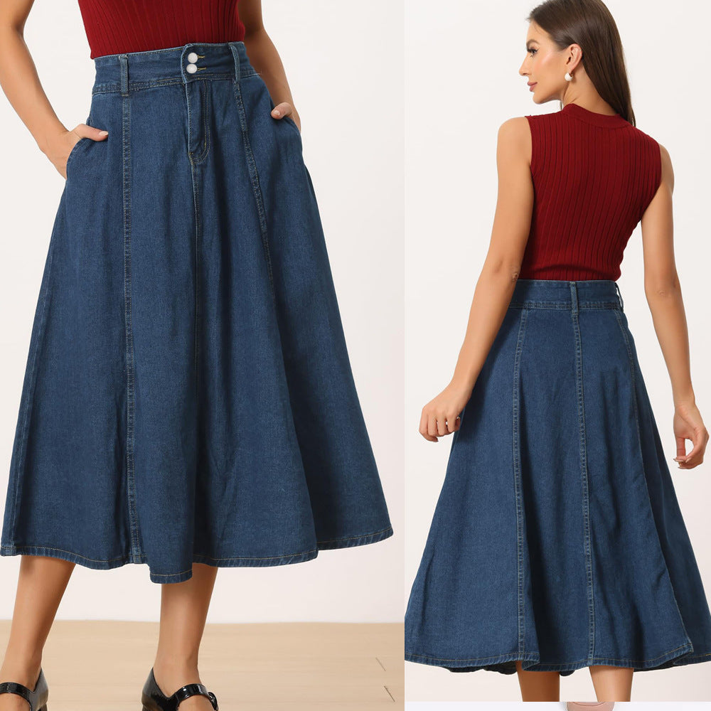 Dame maxikjole i klassisk denim-stil med høj talje og vidde svajende snit Stilla