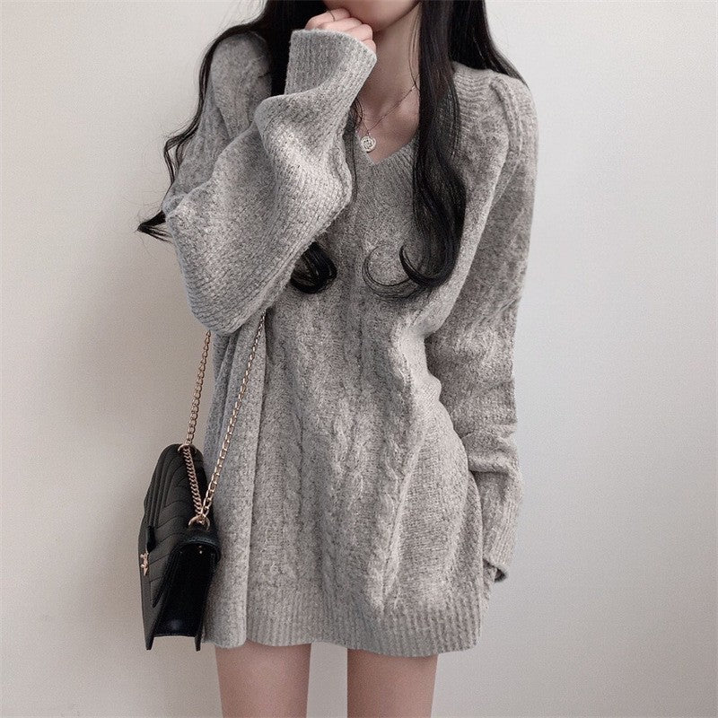 Femme Oversized V-Udskæring Kablestrikket Pullover Stilla