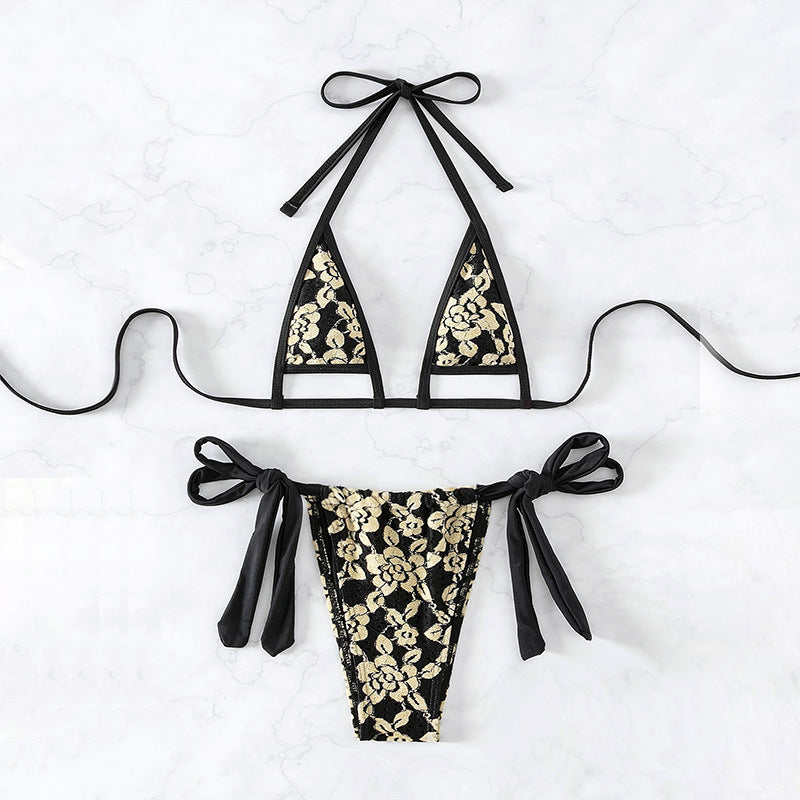 Dame trekant-bikini-sæt med blomster mønstret blonde og justerbare snore Stilla
