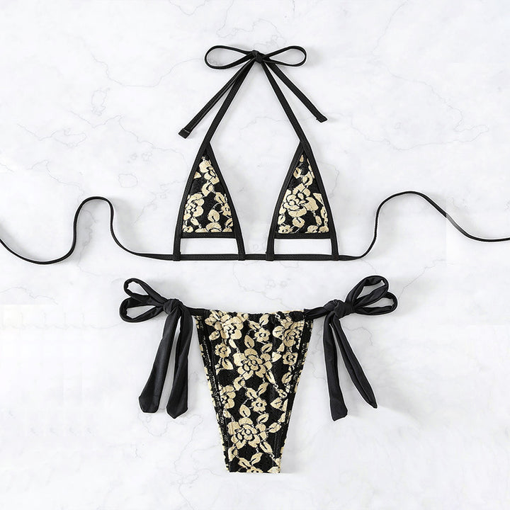 Dame trekant-bikini-sæt med blomster mønstret blonde og justerbare snore Stilla
