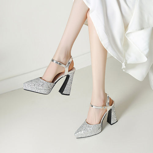 Dame Chunky Glitter Platform Højhælede Sko med justerbar Ankelsnor Stilla