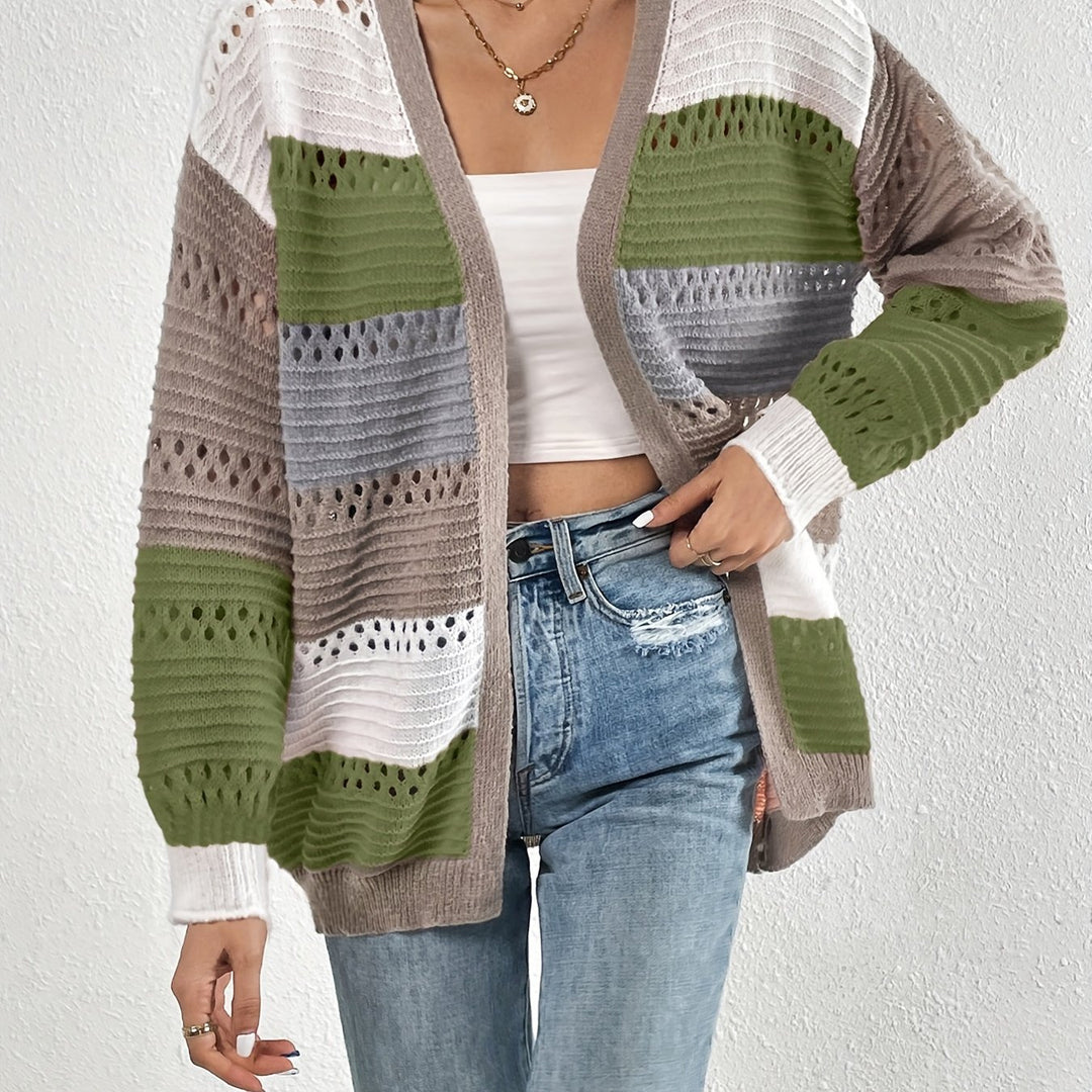 Kvinders stor strikket cardigan med unikt blonder mønster og farveblok design Stilla