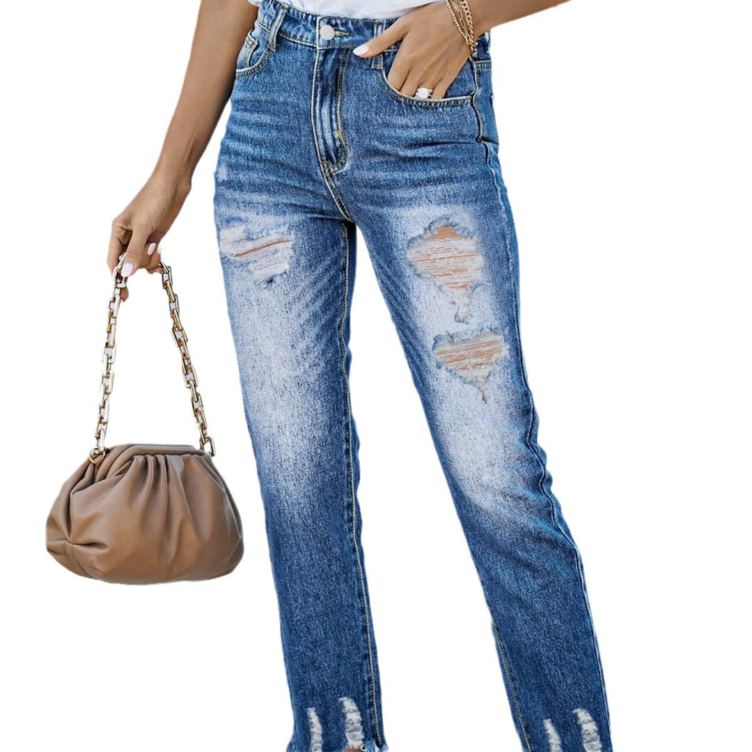Dame Mom-Jeans med trendy ødelagte detaljer og frynset kant Stilla