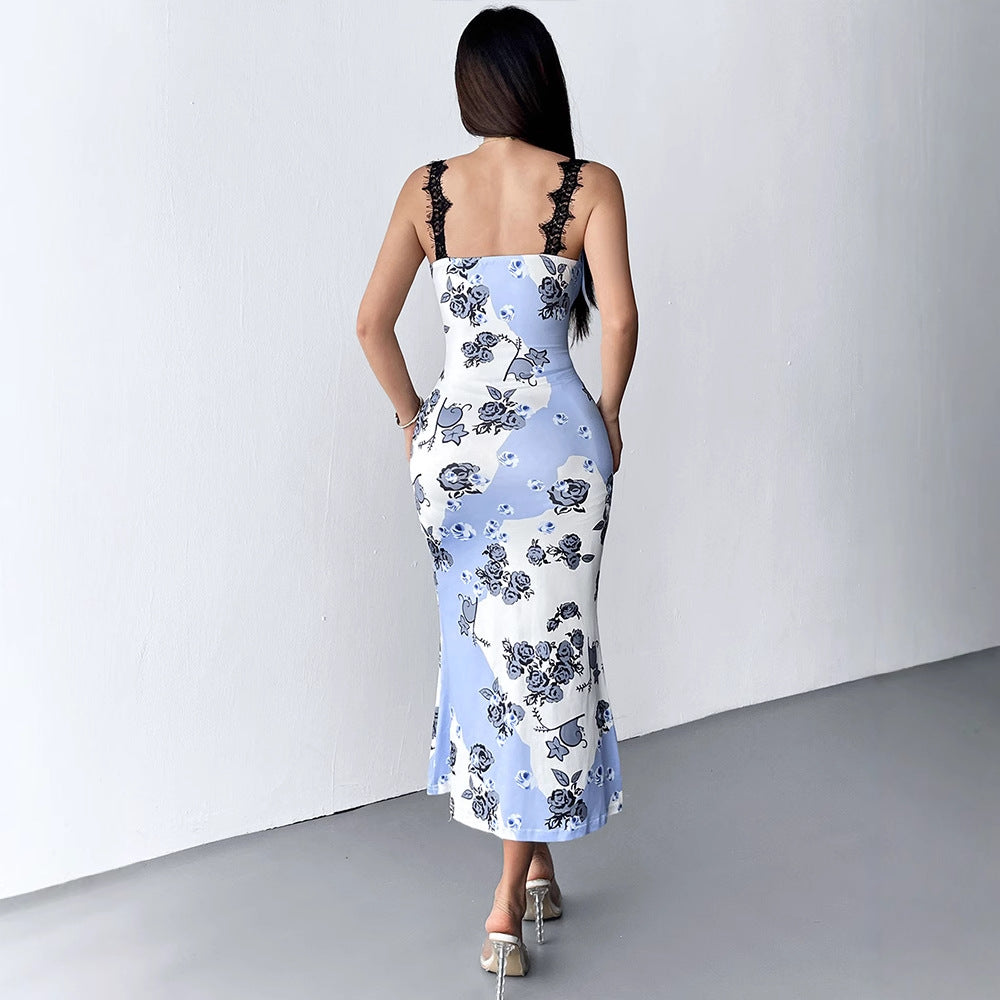 Dame maxikjole med florale motiver og elegante spidsdetaljer Skovae
