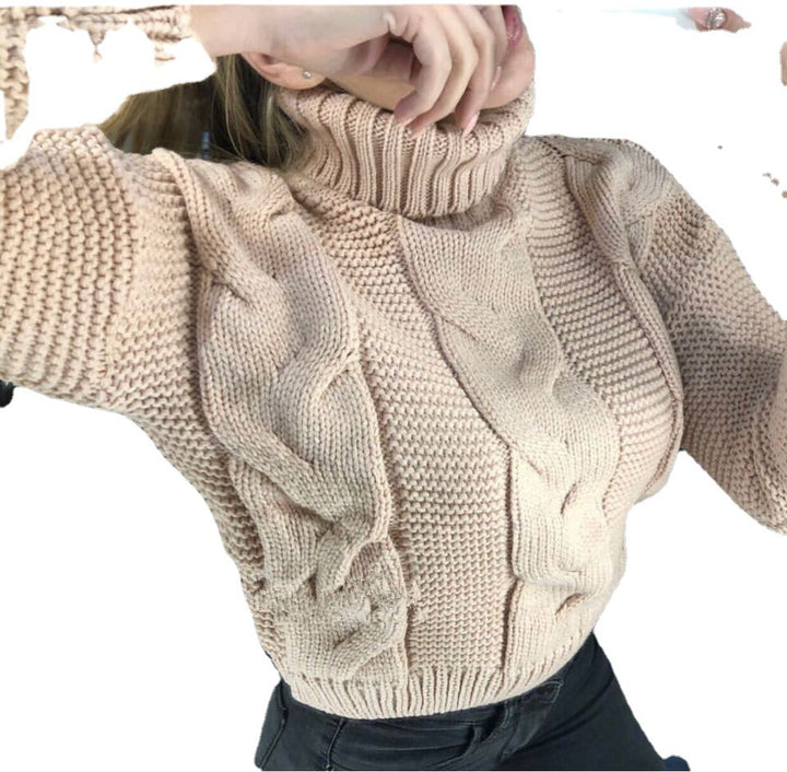 Dame oversized strikpullover med høj krave og mode flettet mønster Stilla