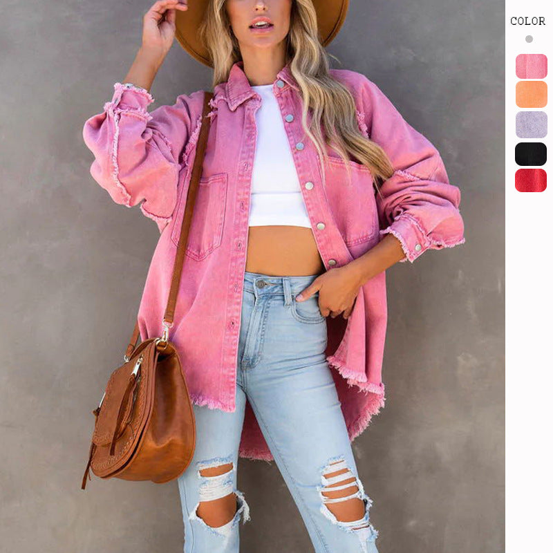 Kvinder Oversized Denim Skjorte med Frynser Stilla