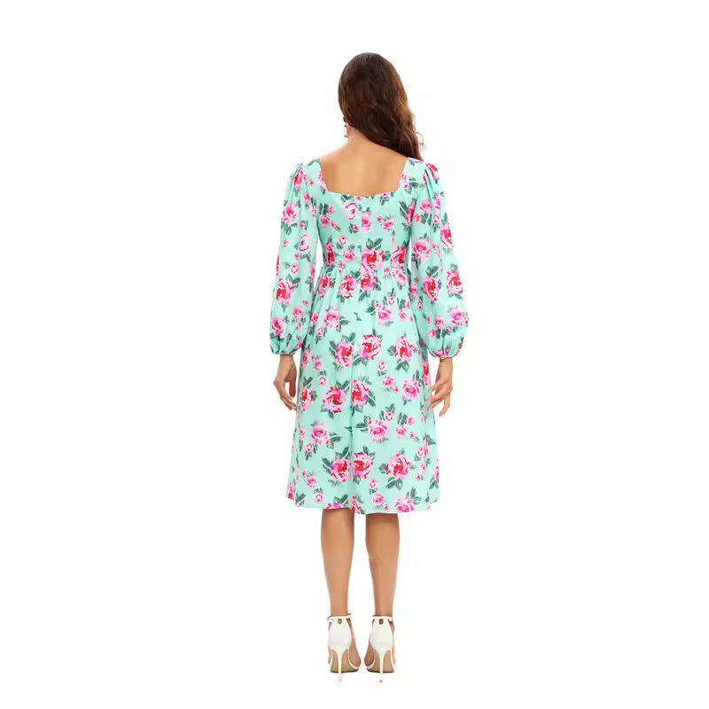 Dame Floral Midi Kjole med Puffærmer Stilla
