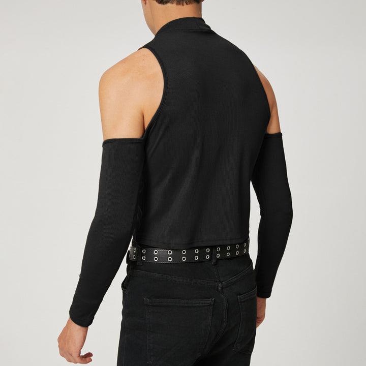 Unisex nan kort ribstrik-overdel med aftagelige armwarmer og skulderfri indsatser Skovae