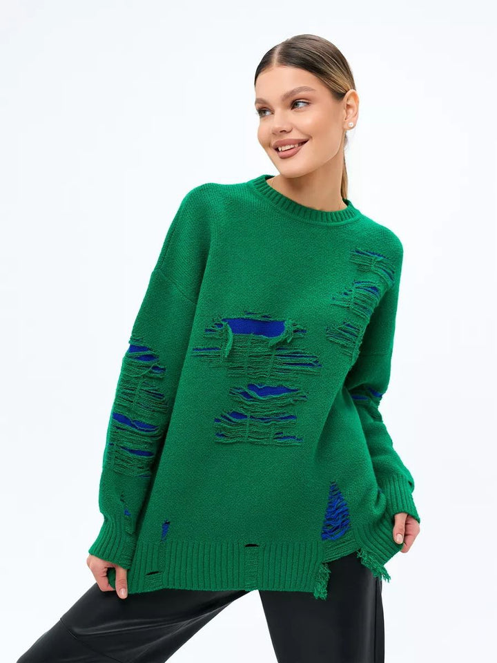 Dame Oversized Strikpullover med moderne Distressed-design og afslappede frynser Stilla