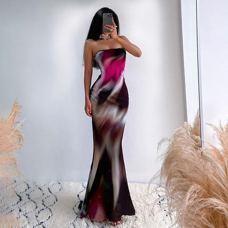 Dame Strapless Maxikjole med flydende snit og moderne farvegradient Stilla