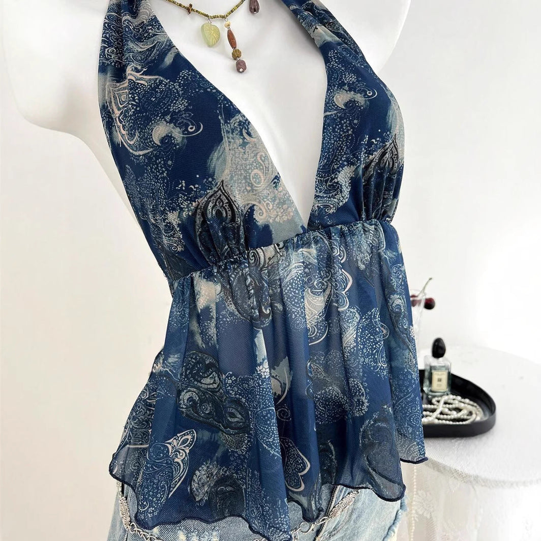 Damer luftig bluse top i halterneck design med blomstertryk Skovae