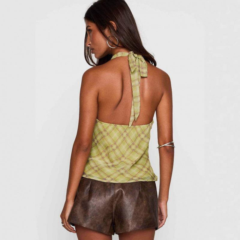 Dame Halter Udsnit Tjekket Top Stilla