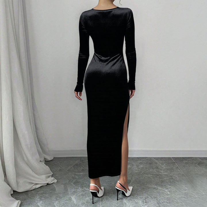 Kvinders Velvet Maxi Kjole med Dybe V-Hals og Elegant Slids Stilla