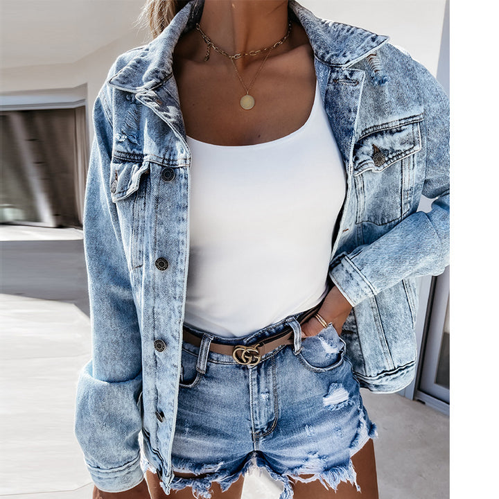 Dame afslappede denim shorts i vintage stil med frynset kant Stilla