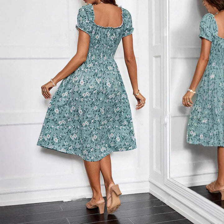 Dame Blomster Midikjole med elastisk Taljeindsats og Ruffles Detaljer Stilla