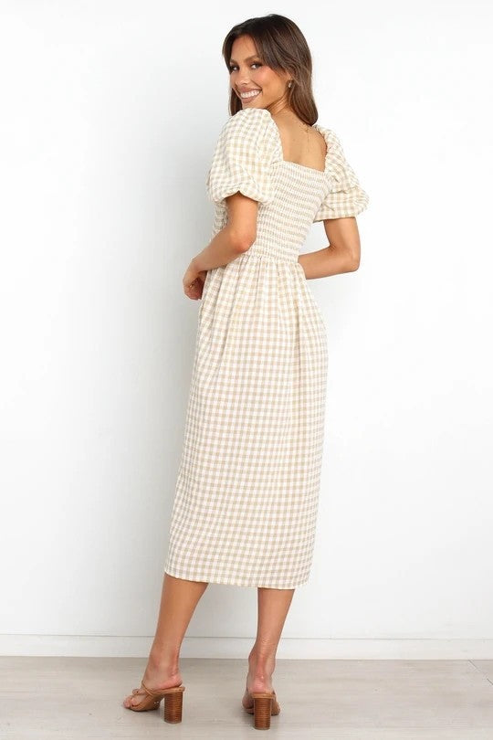 Dame Gingham Midi Kjole med rynket overdel og puffærmer Stilla
