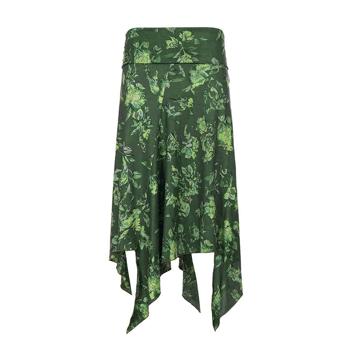 Dame asymmetrisk wrap nederdel med blomstermotiv og elastisk talje Skovae