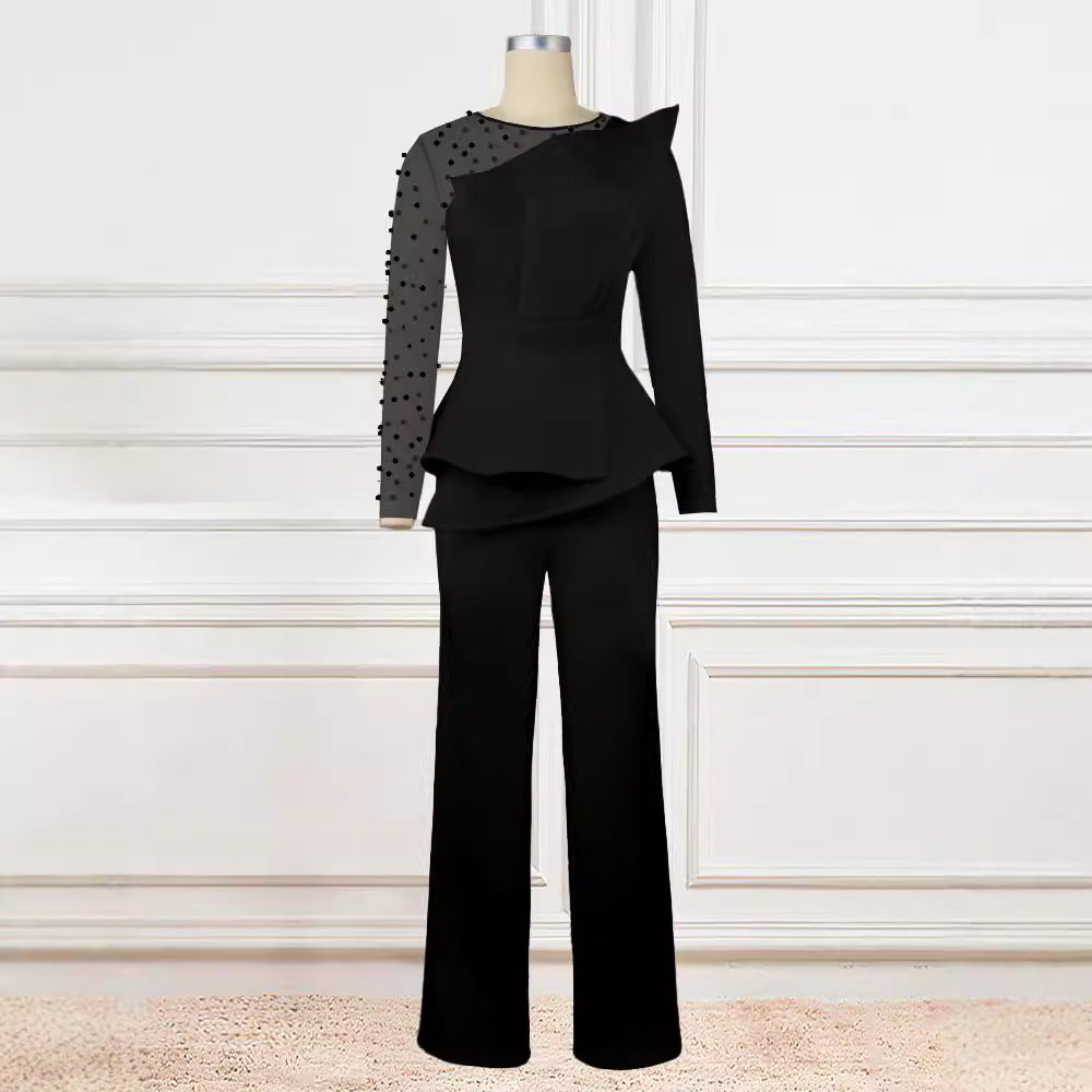 Damer Elegant Jumpsuit med gennemsigtige pufærmer og dyb V-udskæring Skovae