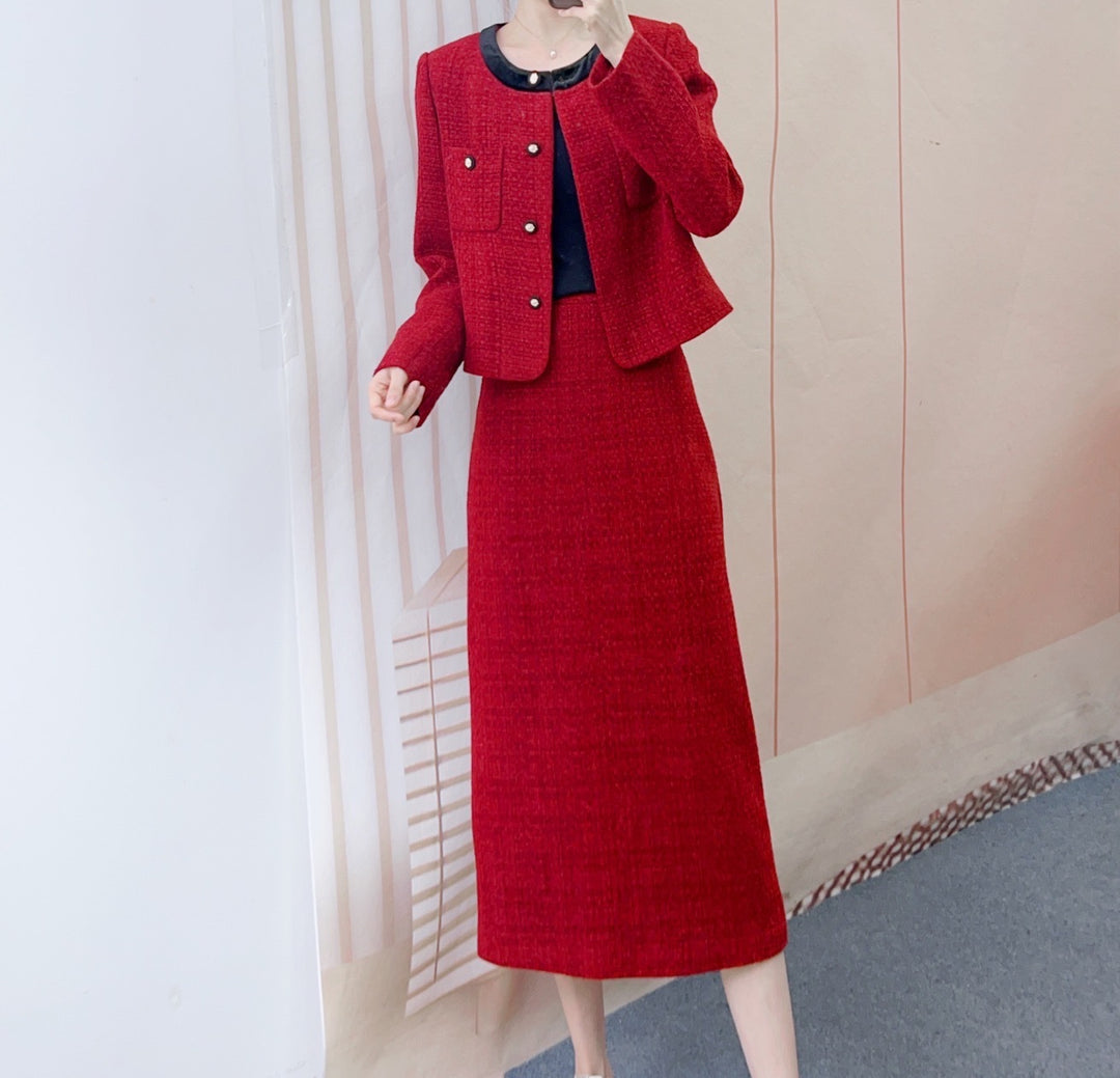 Dame elegant blazer-nederdel-sæt med fashionable knapdetaljer og struktureret tekstur Stilla