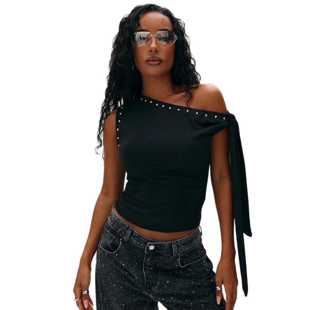 Dame Elegant One-Shoulder Top med dekorative sten Skovae